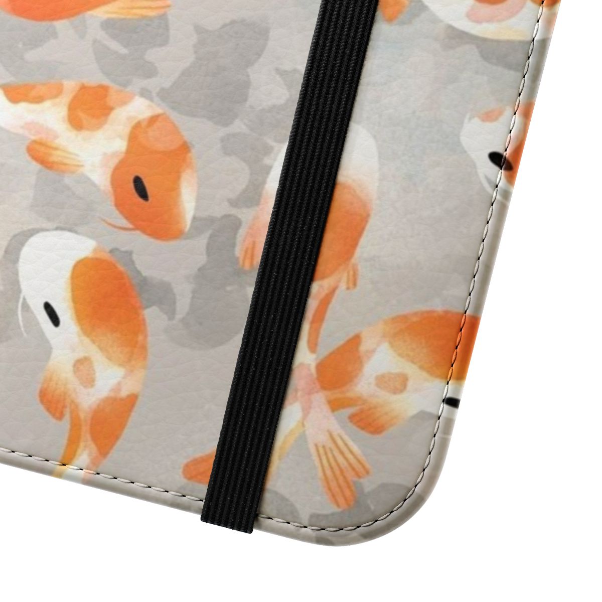 Closeup of a vibrant watercolor painting of orange and grey koi fish on a phone case. - Close Up