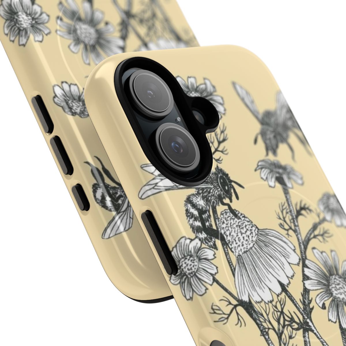 Illustrated phone case with bees and chamomile flowers on a honey-colored background - Detail