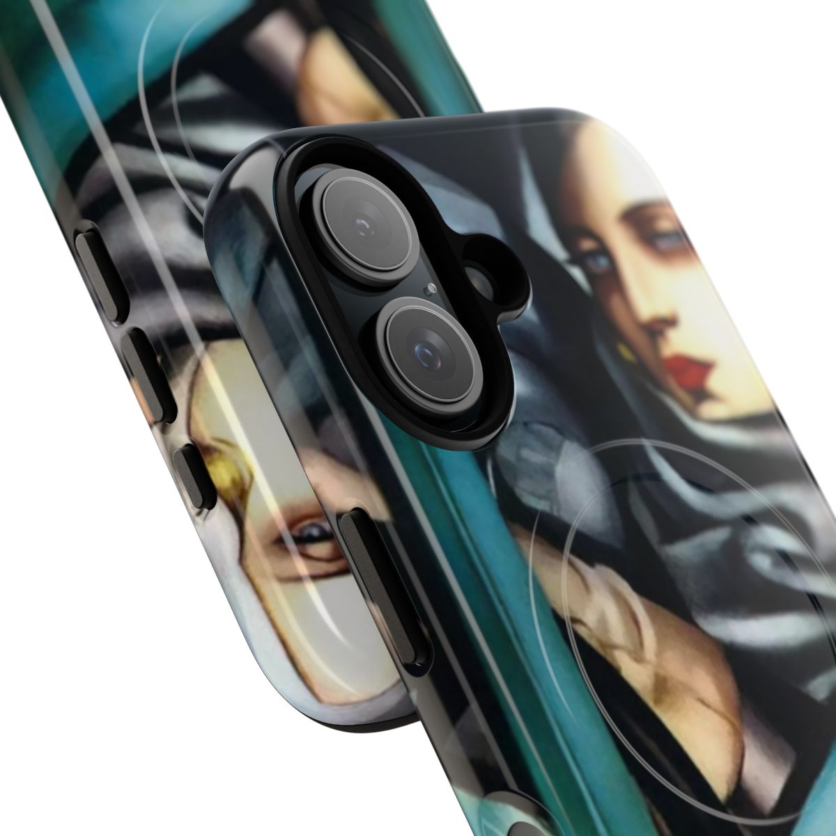 A phone case featuring the iconic self-portrait painting by Tamara de Lempicka, including her signature green car. - Detail