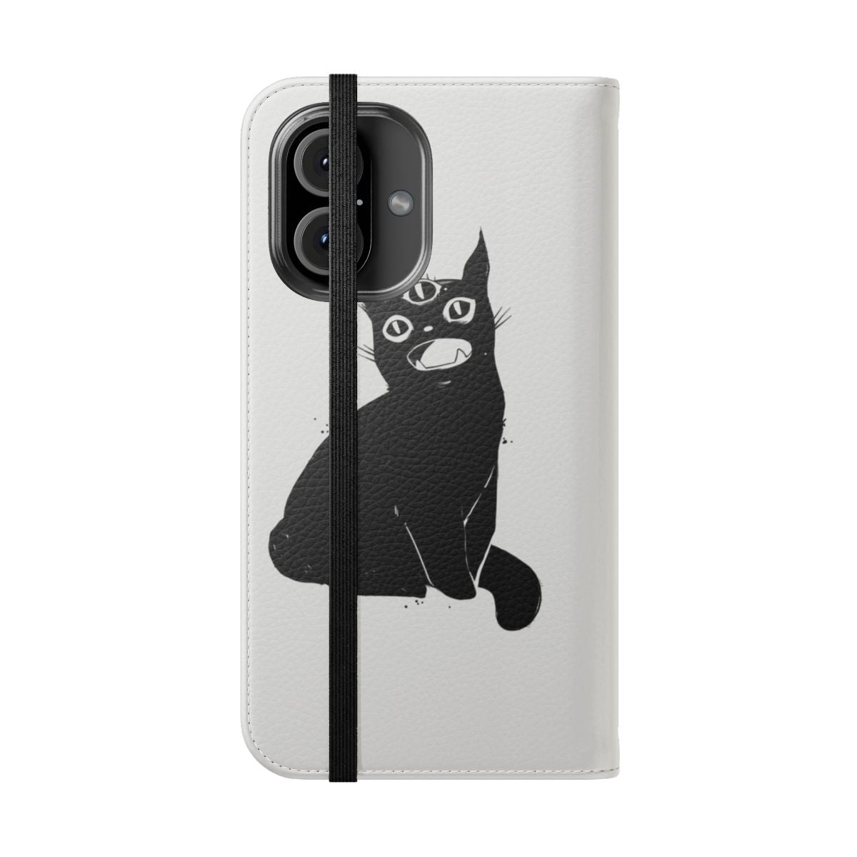 A unique phone case featuring a black cat with a third eye, in a gothic, occult style. - Folded Front