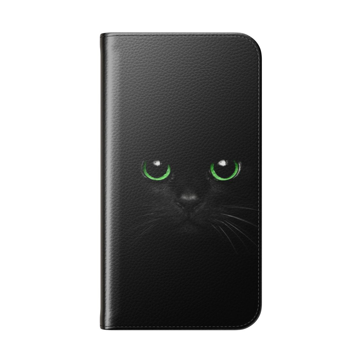 Closeup photo of a fluffy black cat with stunning green eyes on a green flip phone case - Folded Back