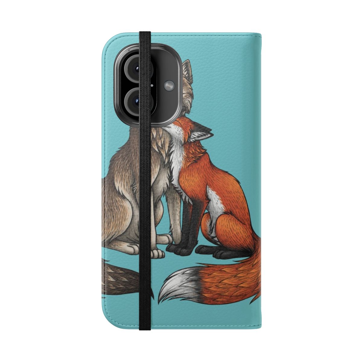 Artistic wildlife phone case cover featuring a cute wolf and fox couple in a nature design - Folded Front