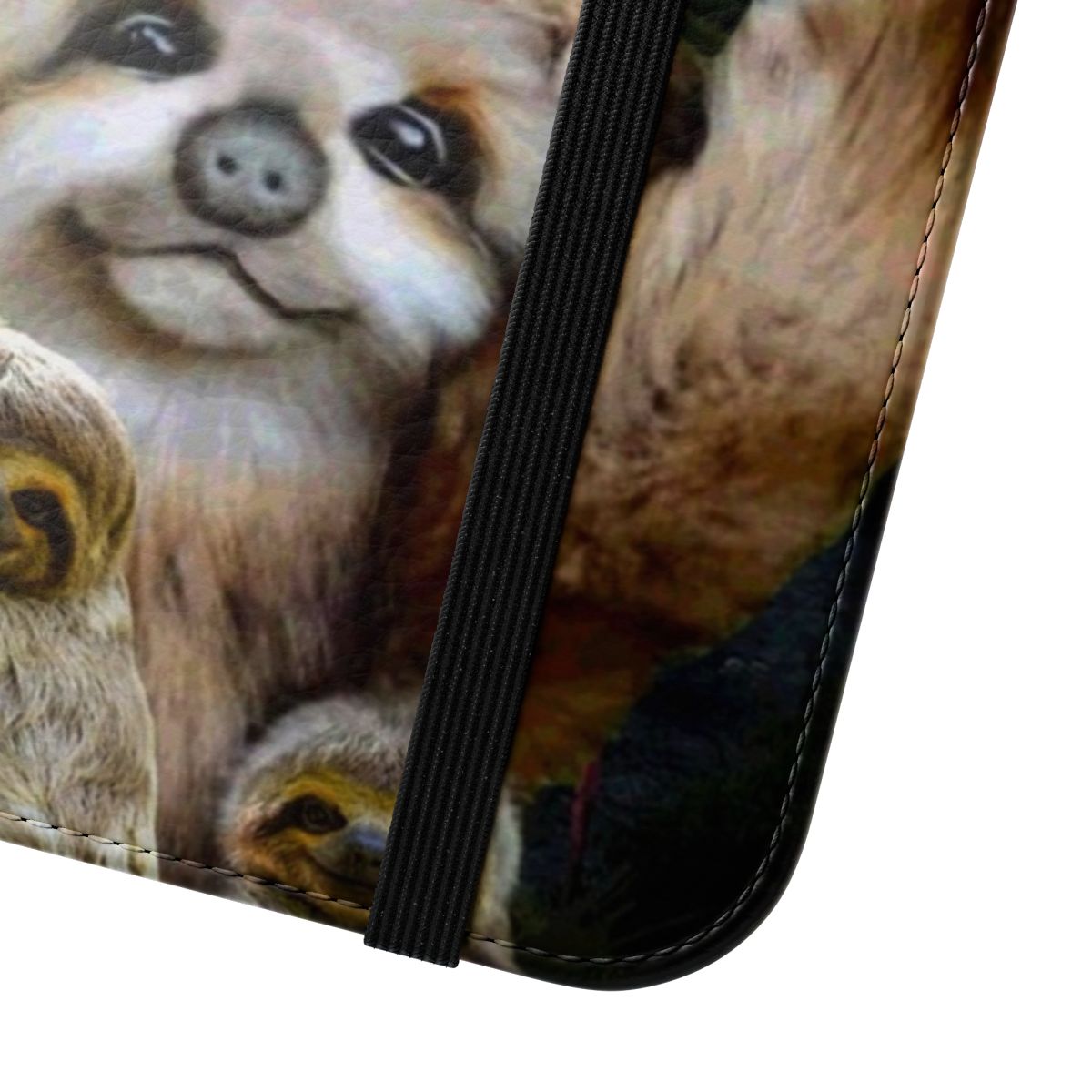 Illustration of a sloth family visiting the ocean during a sunset, on a flip cover phone case - Close Up