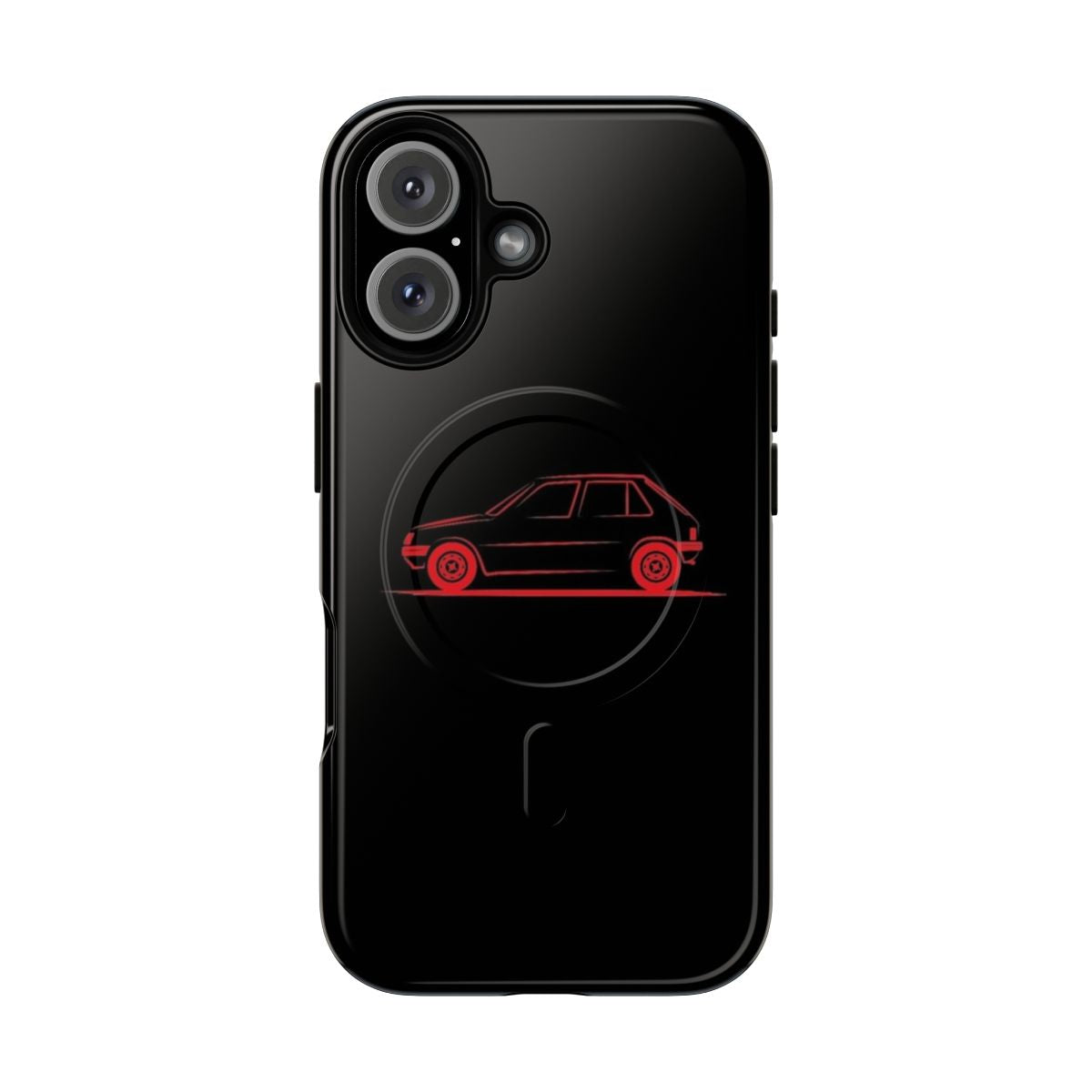 Peugeot 205 inspired magnetic phone case with classic car silhouette design