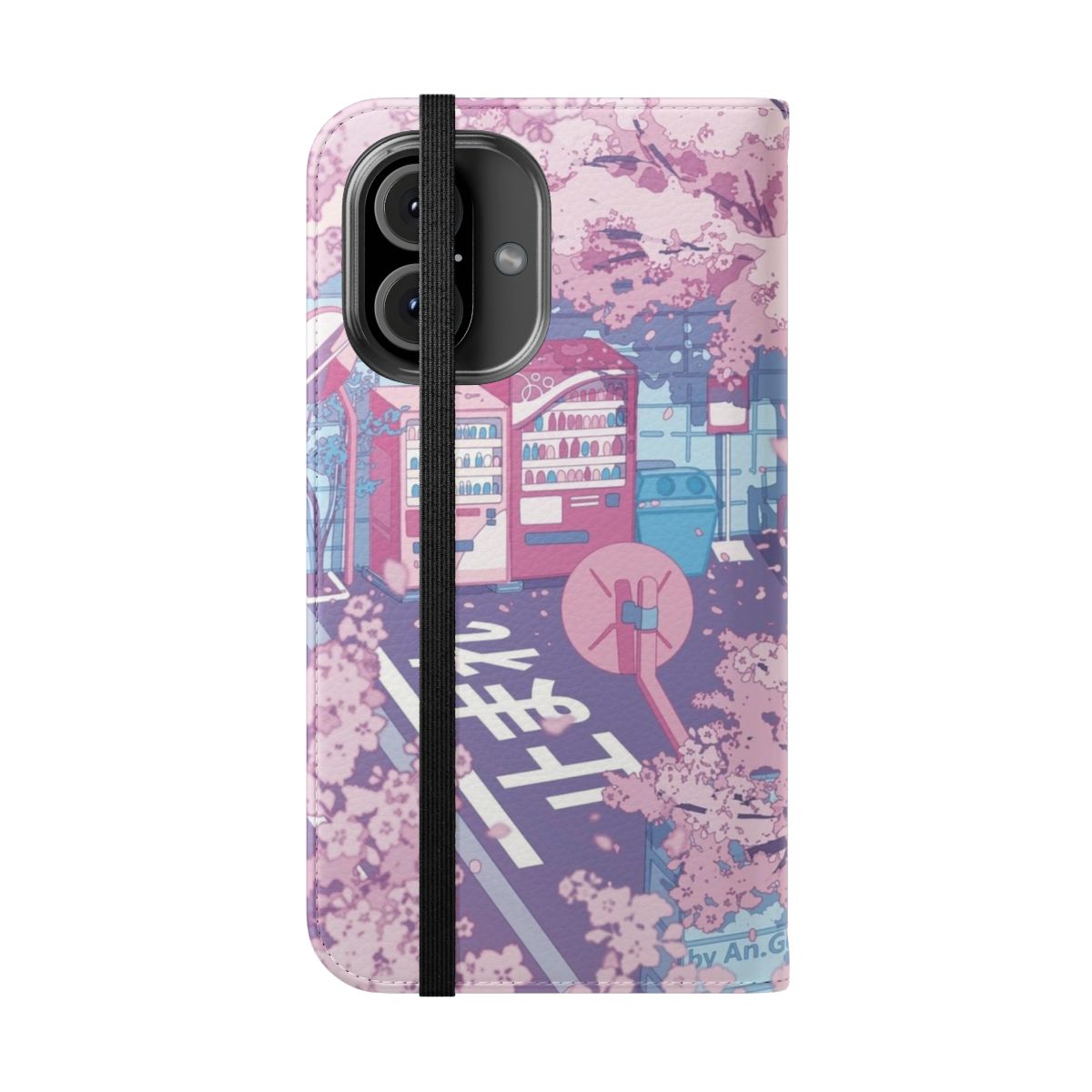 Pastel Japanese street scene with pink sakura tree blossoms, aesthetic phone case - Folded Front