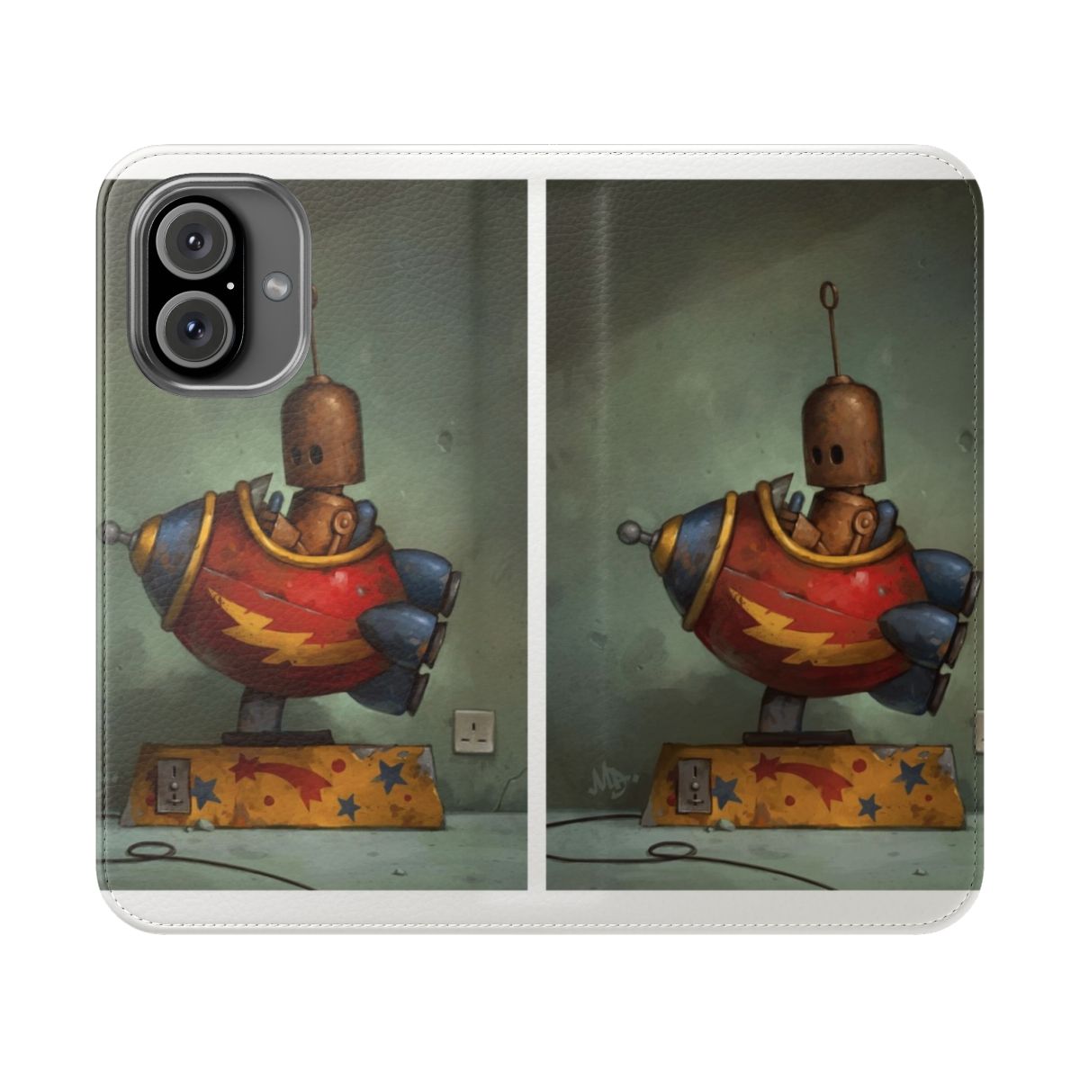 A vintage-inspired flip cover phone case featuring a cute robot design