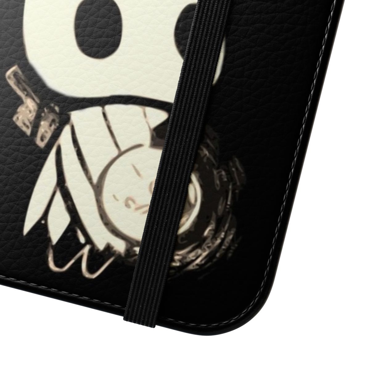 Black and white illustration of the Knight character from the indie game Hollow Knight on a smartphone flip cover case - Close Up