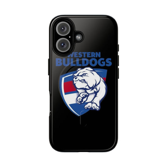 Tough magnetic phone case with a bulldog and western city design