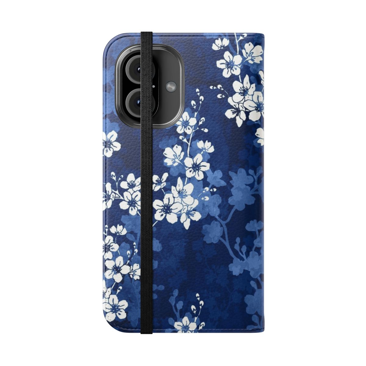 Sakura blossom pattern on a navy blue background with swallowtail butterflies, phone case design - Folded Front