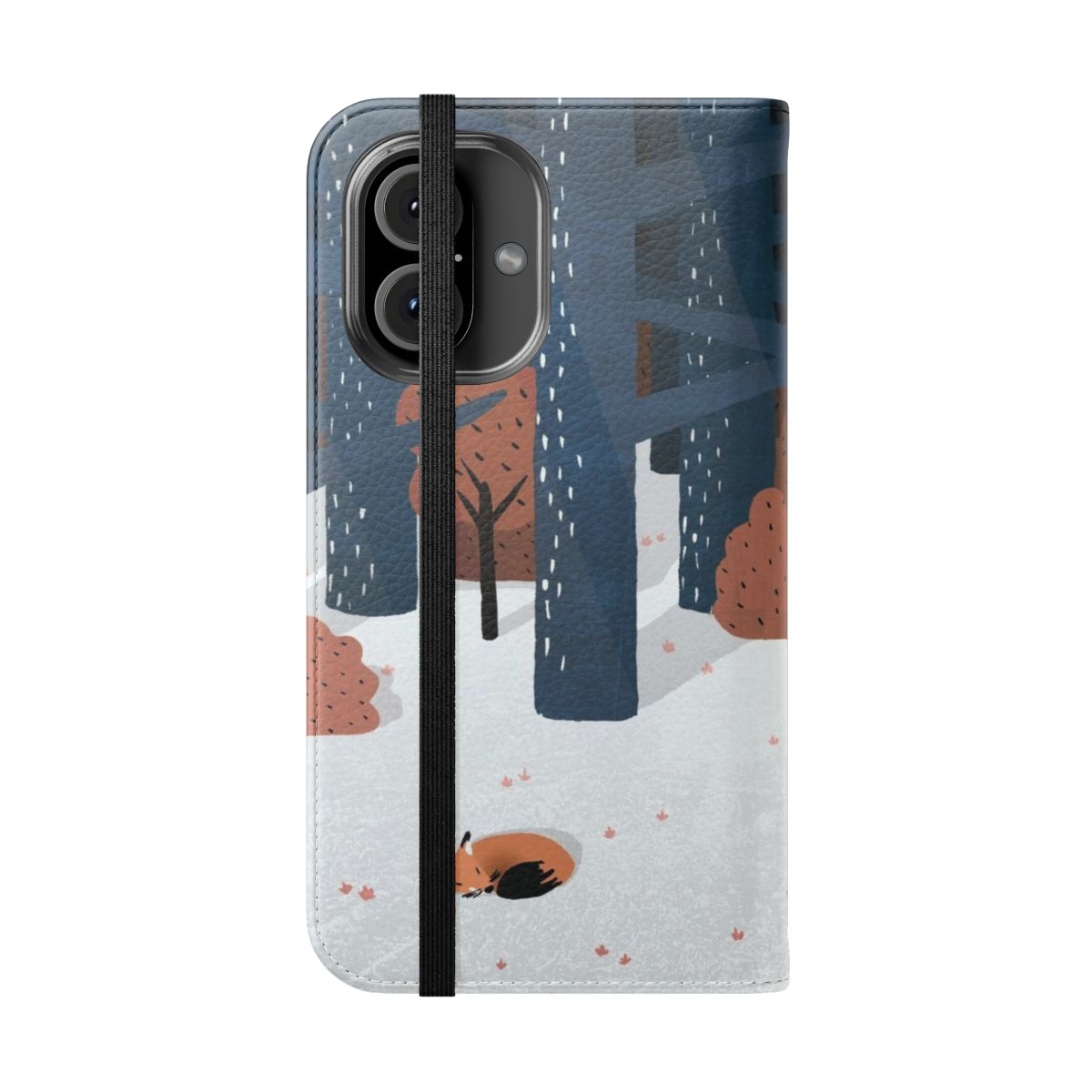 A phone case featuring a cozy winter forest scene with a fox, trees, and snow. - Folded Front