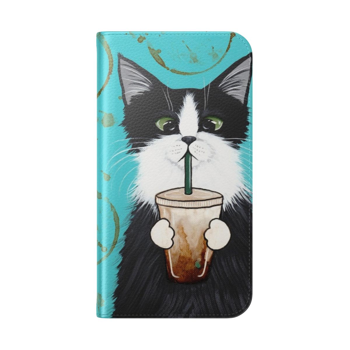 Tuxedo cat sitting on a coffee mug with iced coffee, printed on a flip phone case - Folded Back