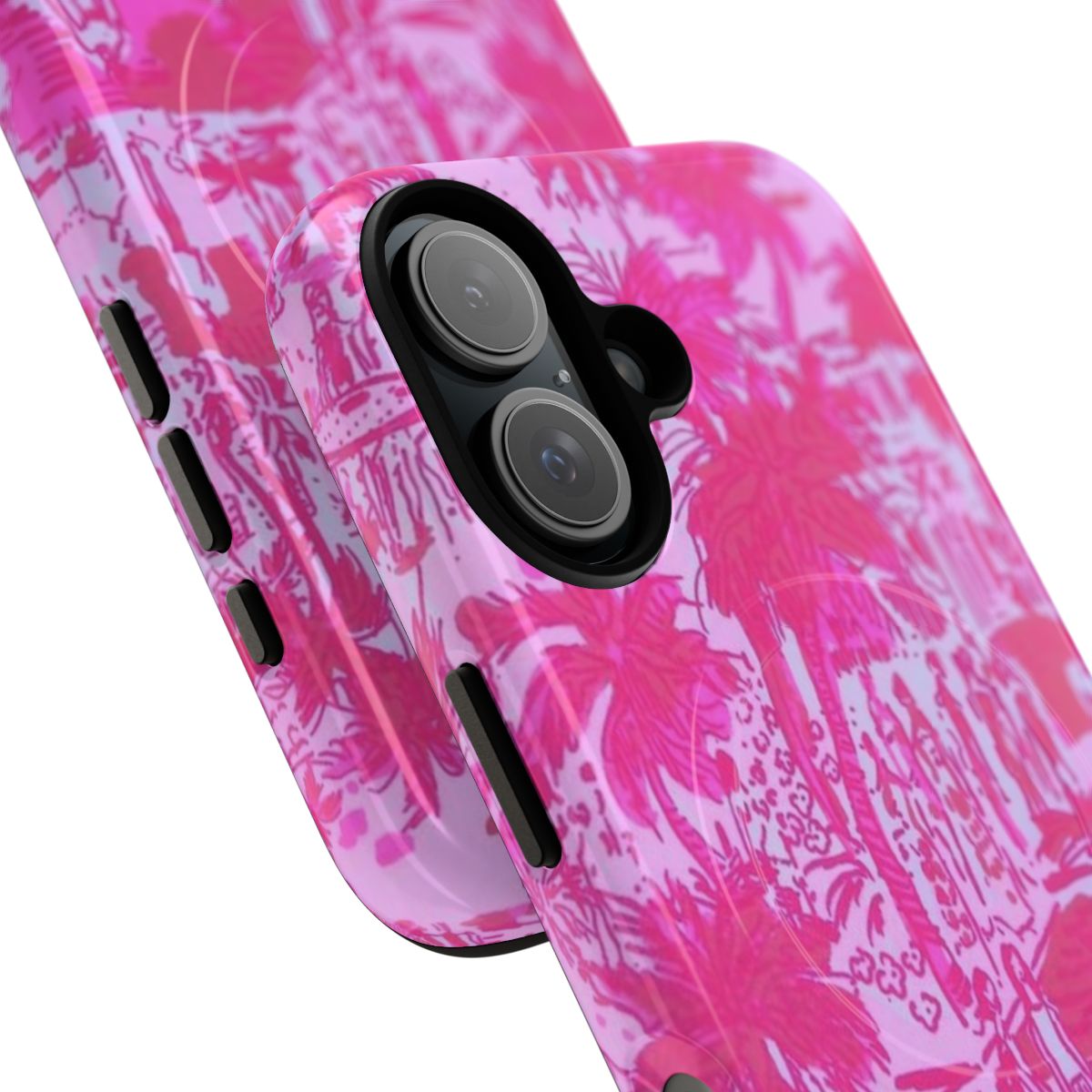 A pink, blue, green and gold tropical floral phone case - Detail