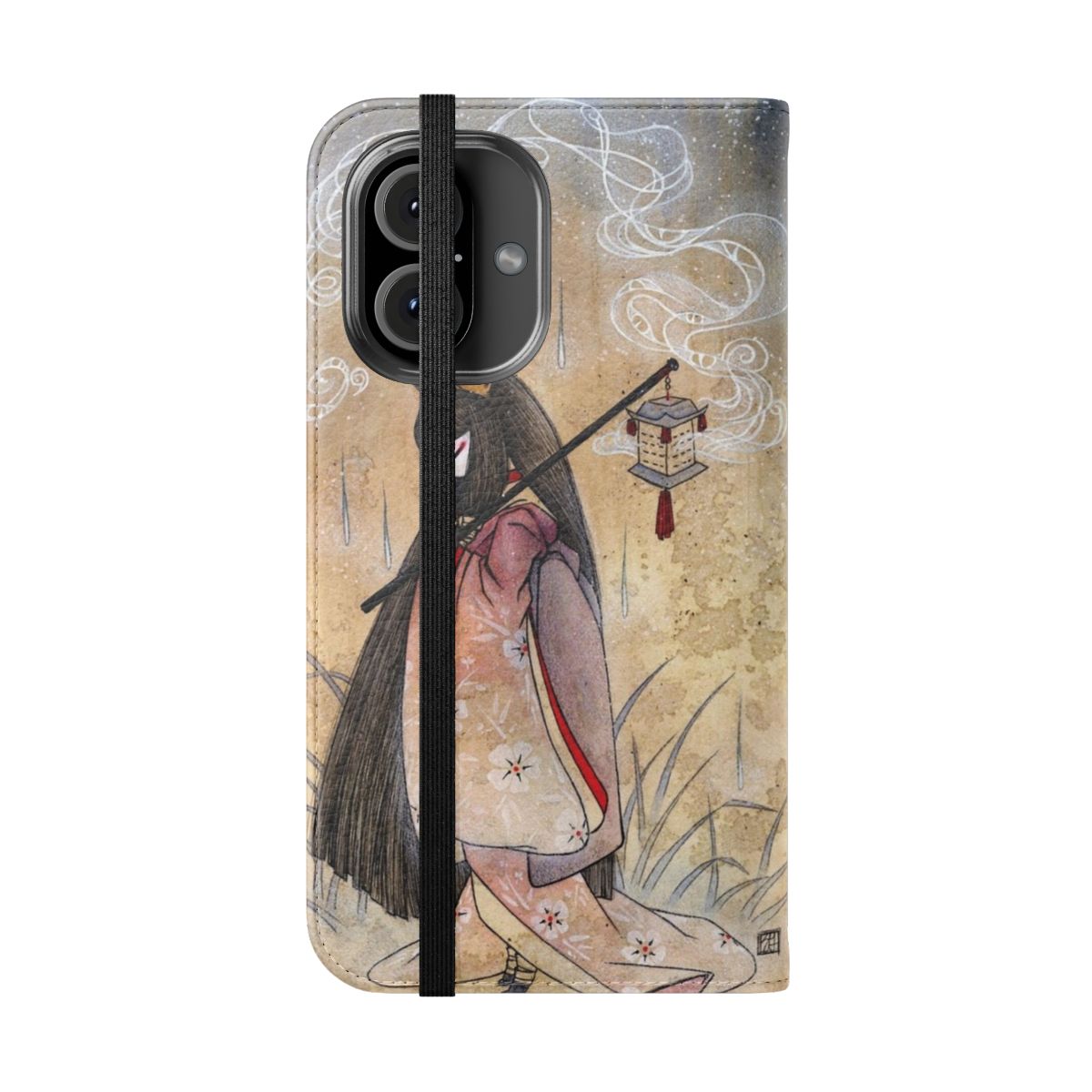 Flip phone case featuring a watercolor illustration of a kitsune (tea fox) in a kimono against a backdrop of smoke and ink splashes. - Folded Front