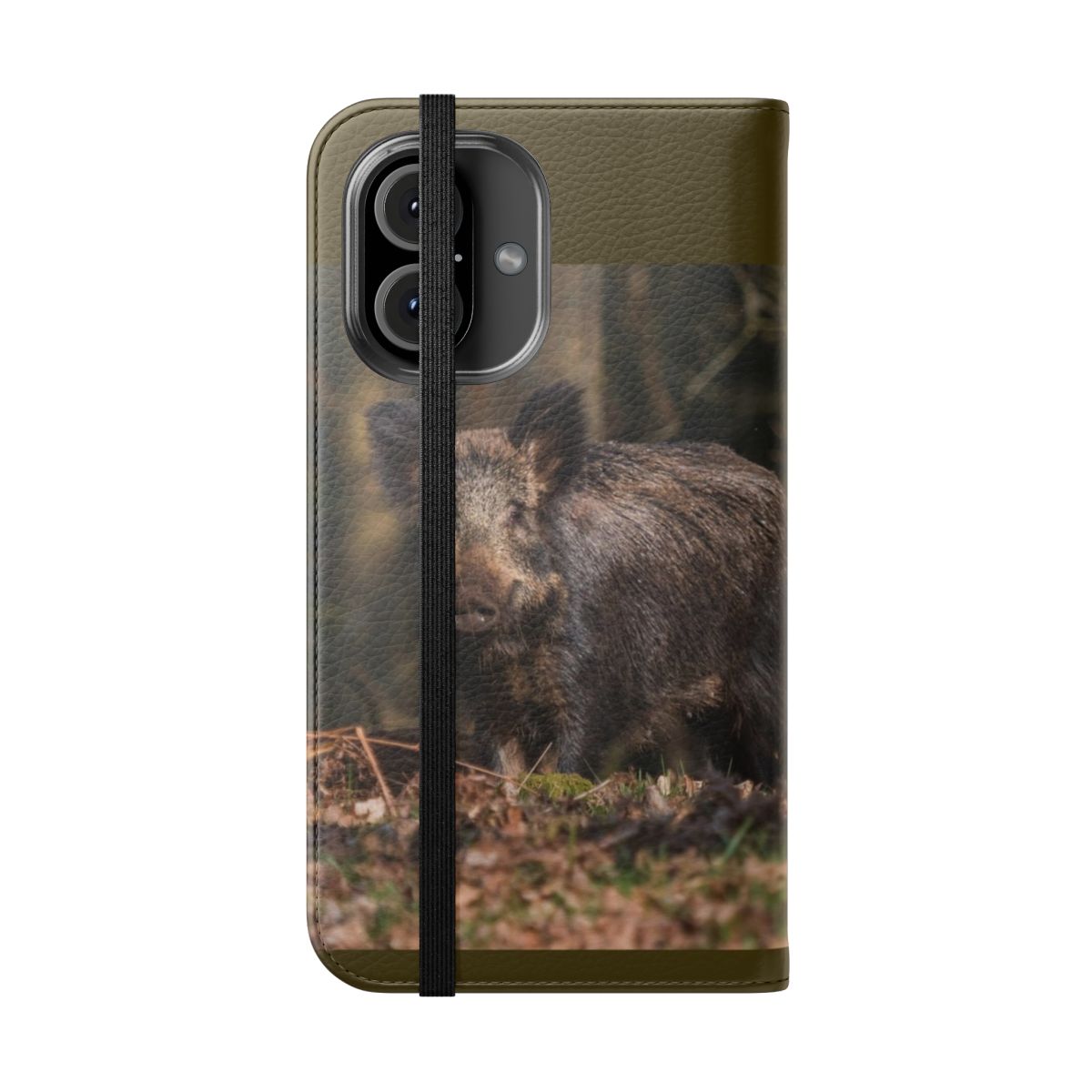 Flip cover phone case with beautiful image of a wild boar sow - Folded Front