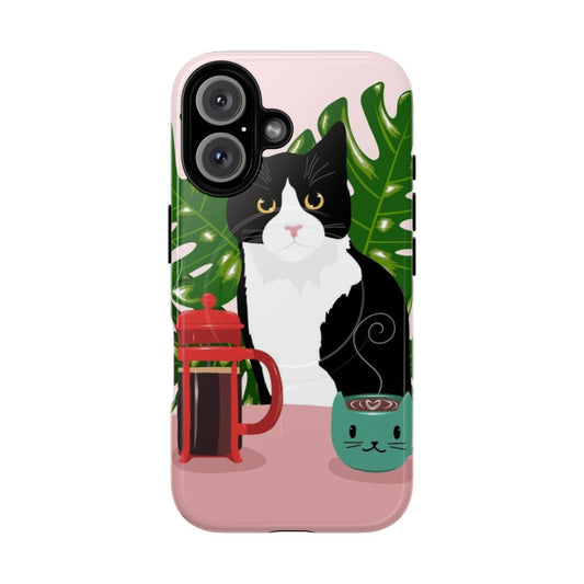 A tough phone case featuring a tuxedo cat and coffee design.