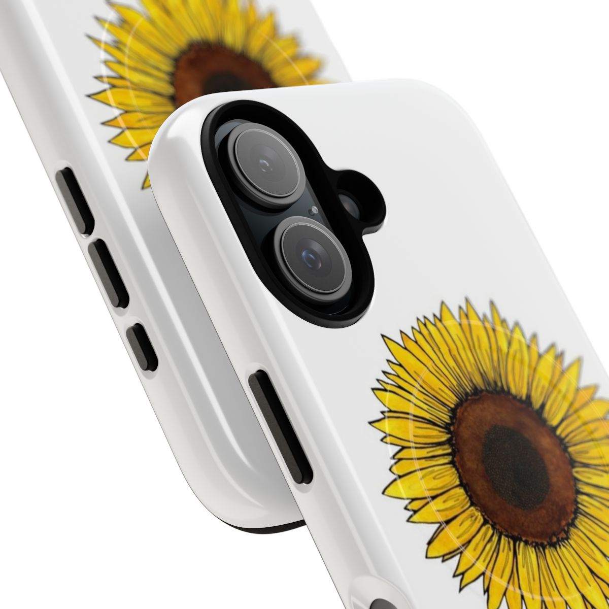 A colorful phone case featuring a vibrant sunflower watercolor illustration. - Detail