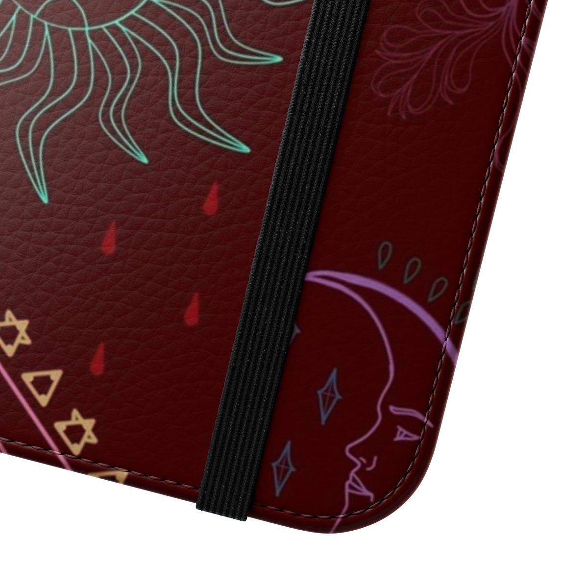 Ornate flip cover phone case with a mystical, fantasy-inspired pattern - Close Up