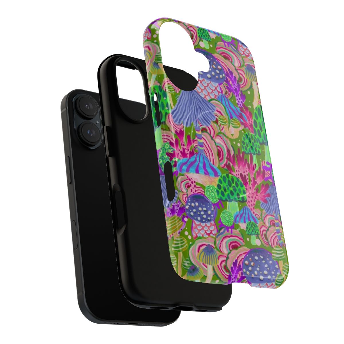 Colorful watercolor illustration of poison mushrooms and foliage on a magnetic phone case. - Layers