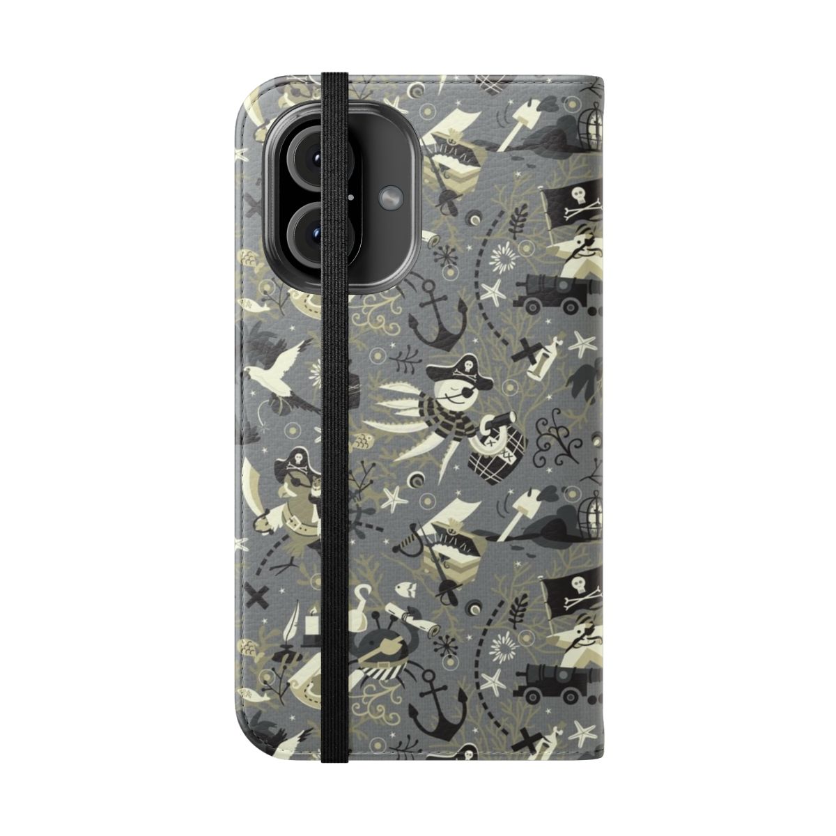 A black and white flip phone case with a treasure map, pirate-themed elements, and sea creatures like a crab, starfish, octopus, and parrot. - Folded Front