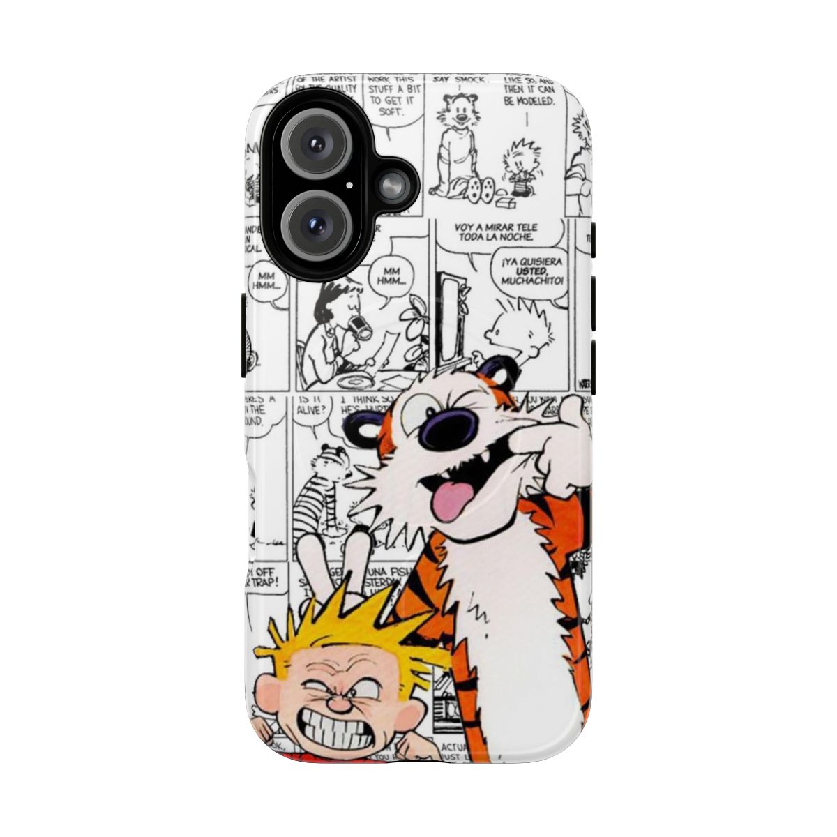 Colorful Calvin and Hobbes inspired phone case with a fun animal print design