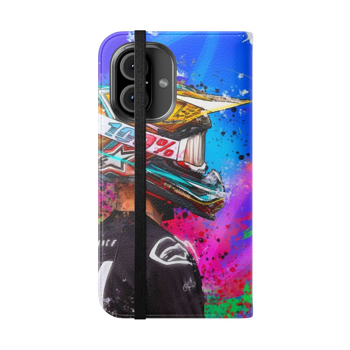 Graffiti-style phone case featuring dirt bike and motocross graphics - Folded Front