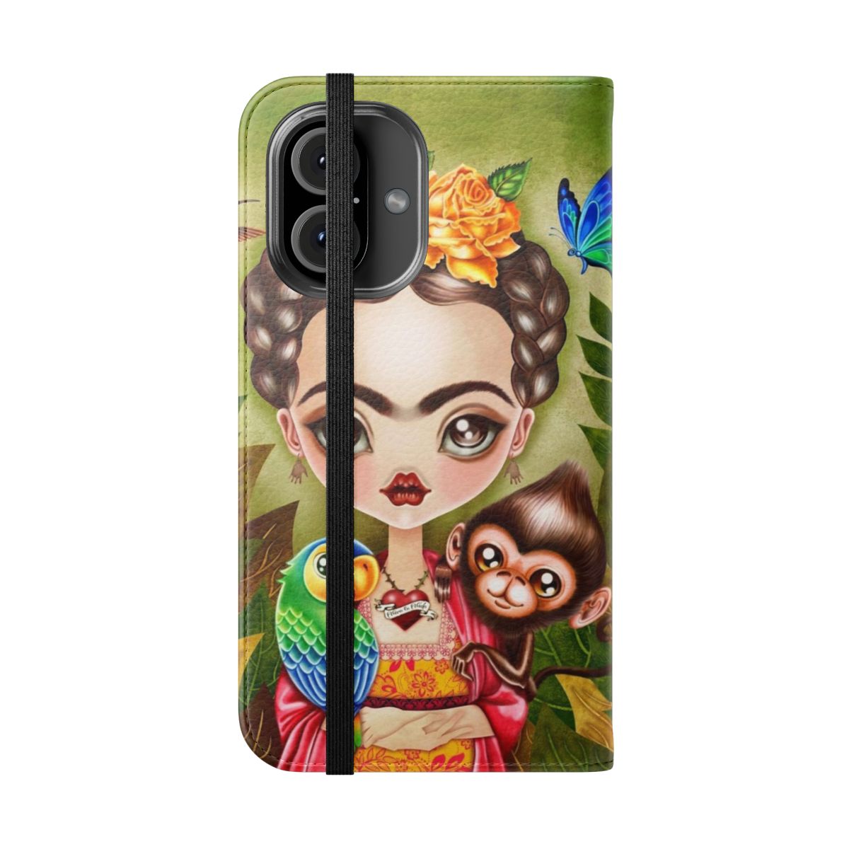 Vibrant Frida Kahlo-inspired phone case with floral, hummingbird, and butterfly design - Folded Front