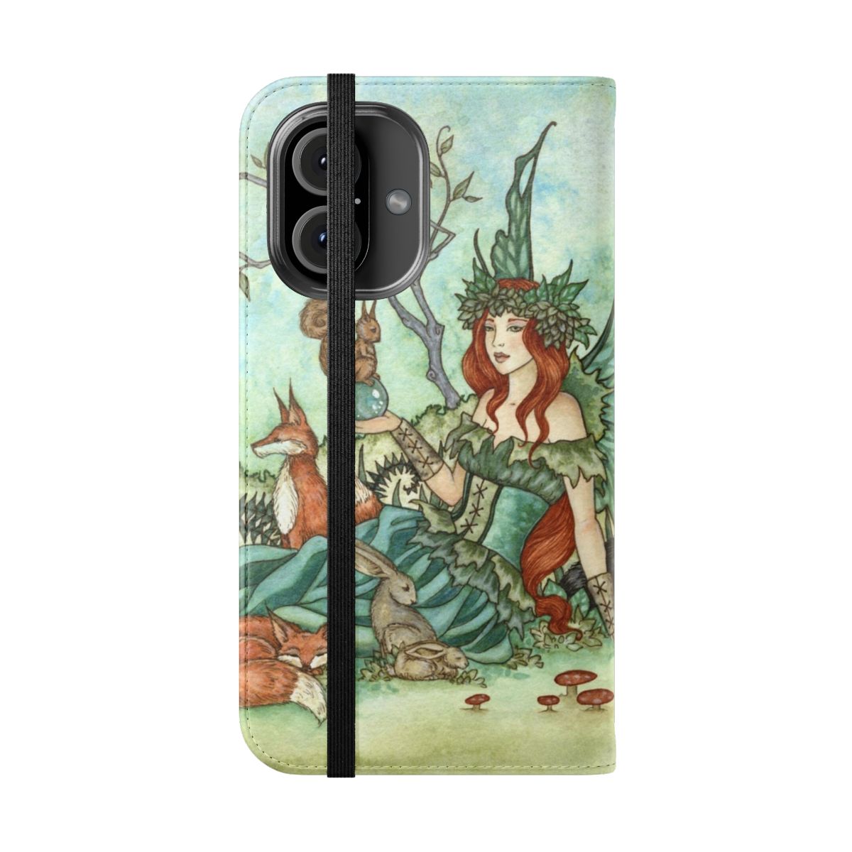 Whimsical fantasy-themed flip phone case with nature motifs - Folded Front