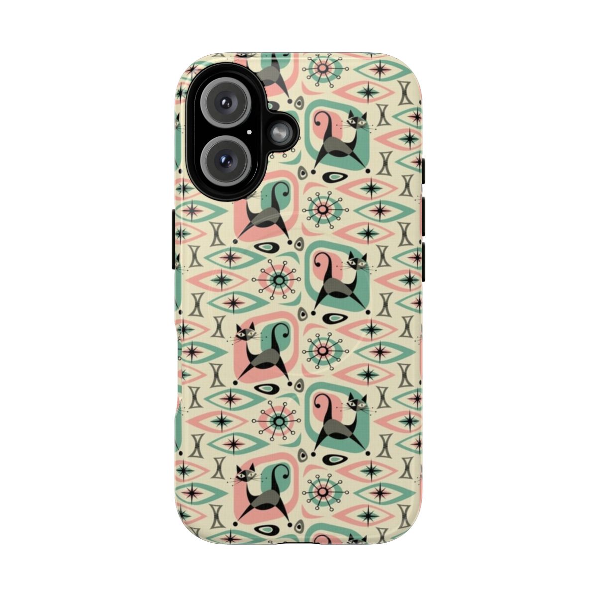 Geometric and abstract cat phone case in retro 1950s style colors and patterns.