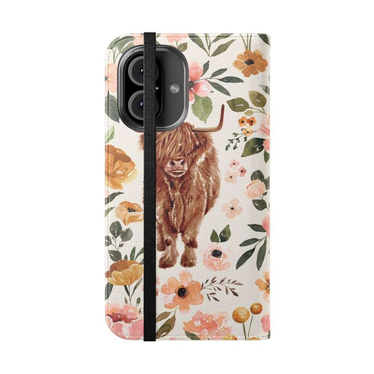 Stylish flip cover phone case featuring a hand-painted highland cow design with boho floral elements. - Folded Front