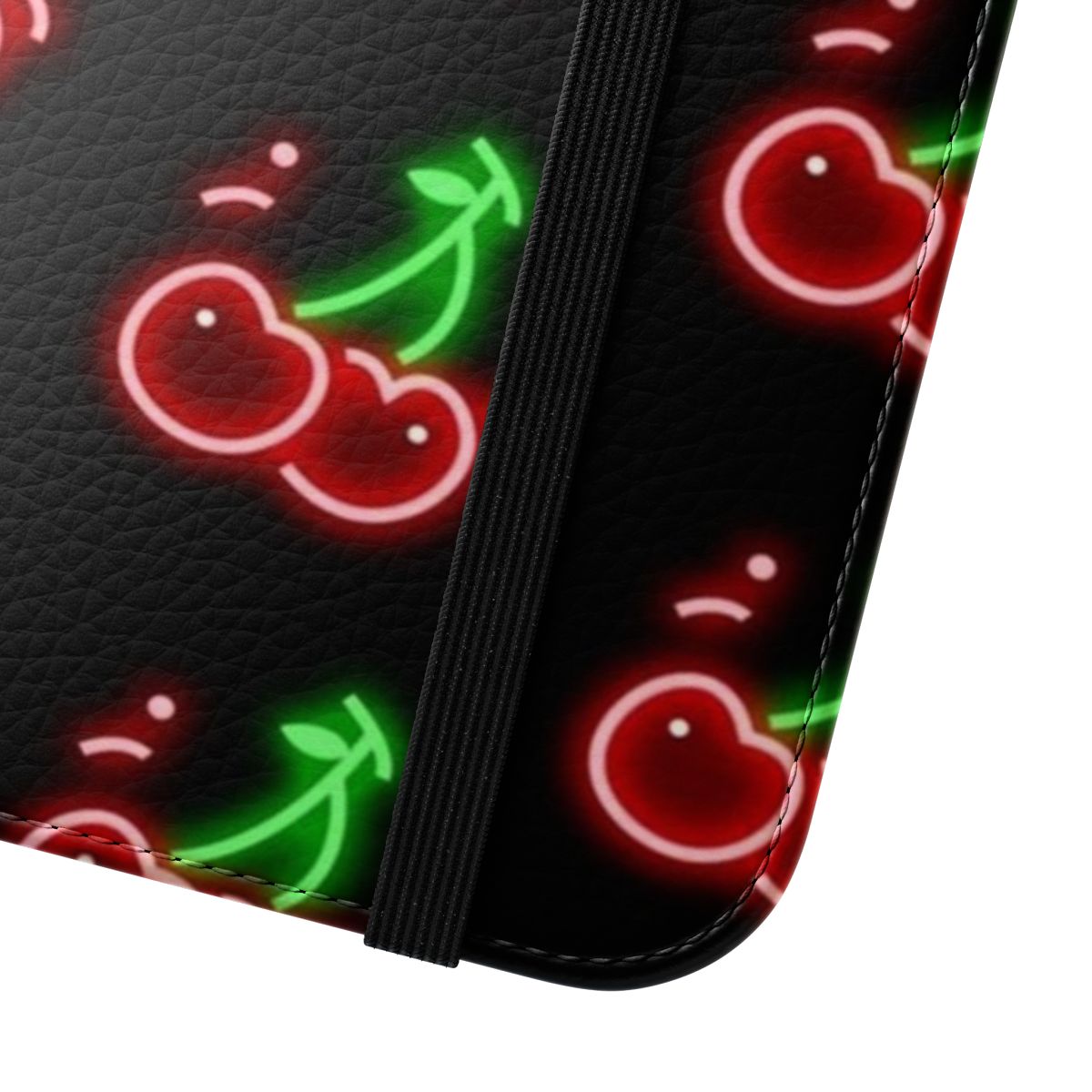 Trendy and creative phone case cover with cherry, red, black, neon glow design for iPhone and Galaxy smartphones - Close Up