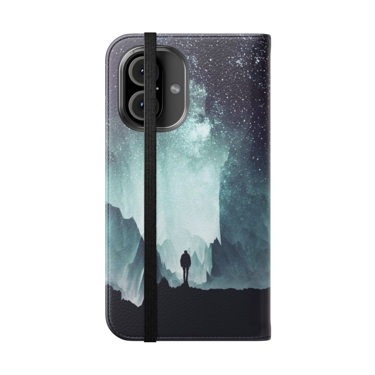 A stunning northern landscape phone flip cover case featuring a silhouetted figure against a starry night sky - Folded Front