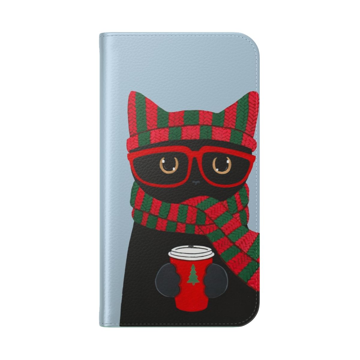 A stylish black cat holding a coffee mug printed on a flip cover phone case - Folded Back