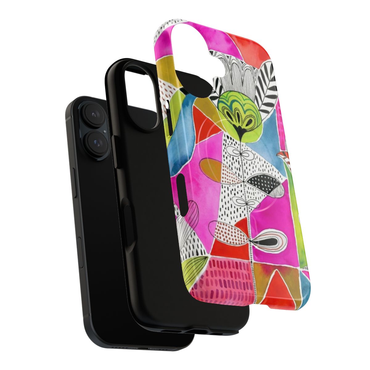 A colorful phone case featuring a watercolor tulip and geometric pattern in bright colors. - Layers