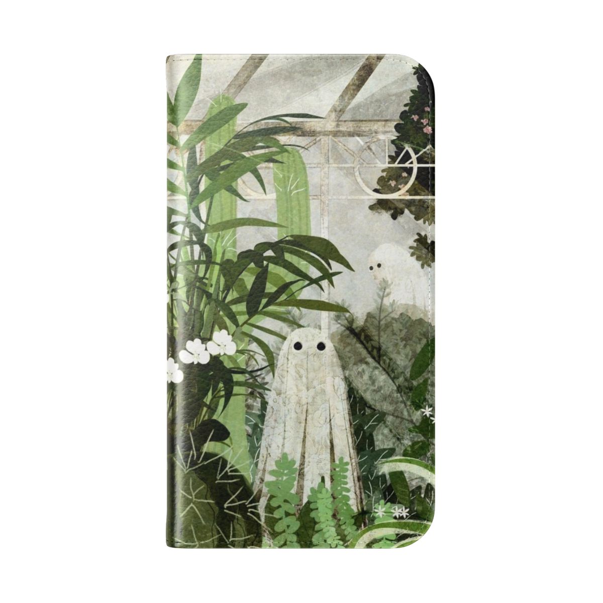 Vintage-inspired flip cover phone case featuring a ghostly greenhouse with exotic plants and flowers - Folded Back