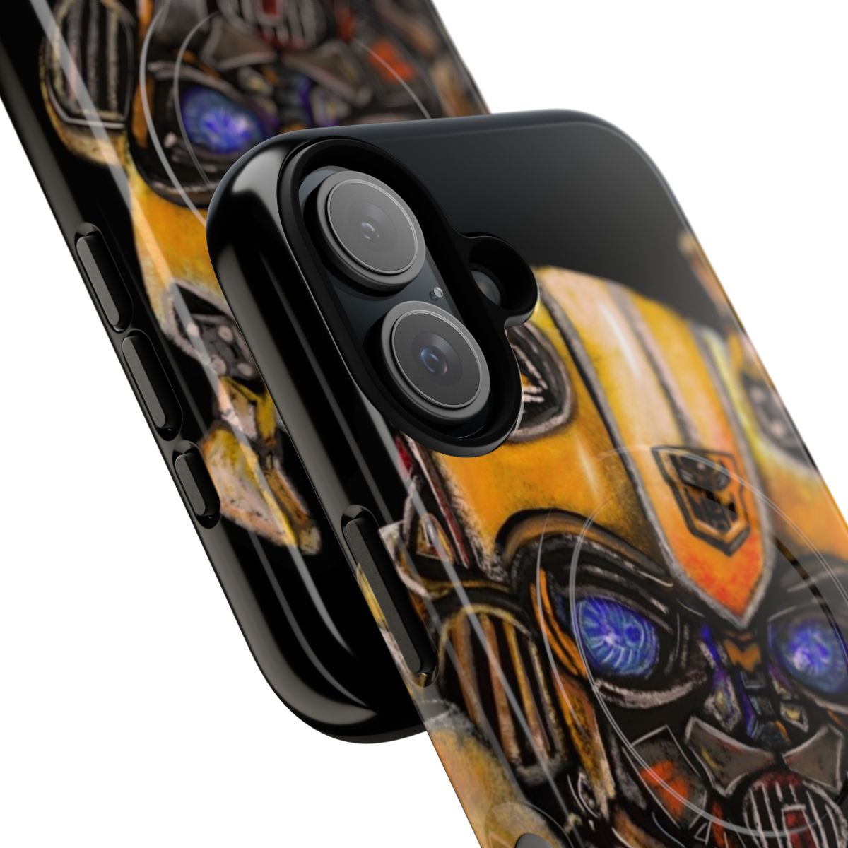 A phone case with a digital illustration of the Transformer character Bumblebee. - Detail