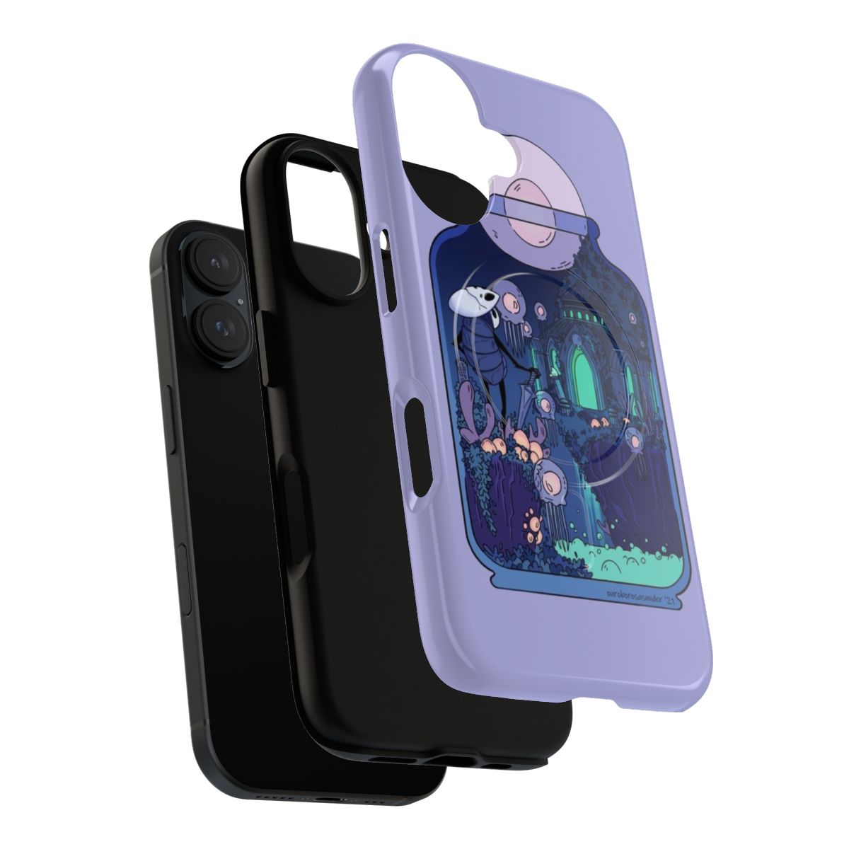 A durable phone case featuring a terrarium design with Quirrel from the video game Hollow Knight. - Layers