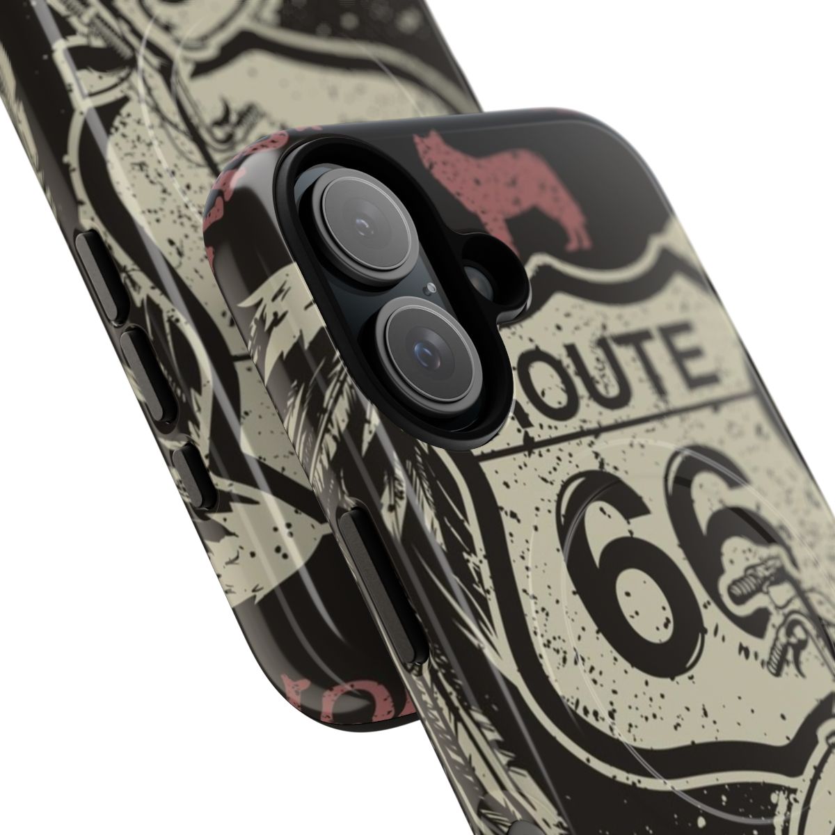 Tough and magnetic phone case with a vintage Route 66 and American pride inspired design - Detail