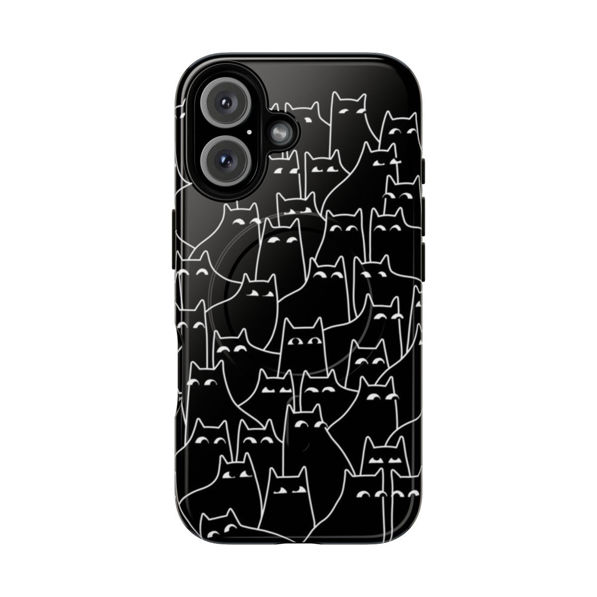 Minimal white linework design of suspicious-looking cats on a magnetic tough phone case