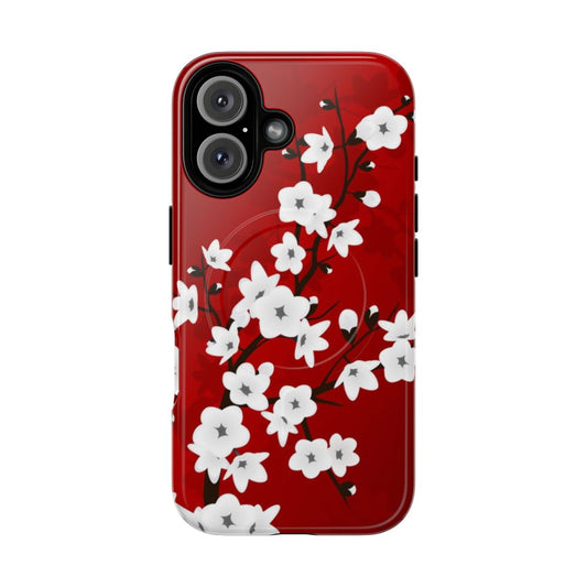 Vibrant red and white cherry blossom floral design on a durable magnetic phone case.