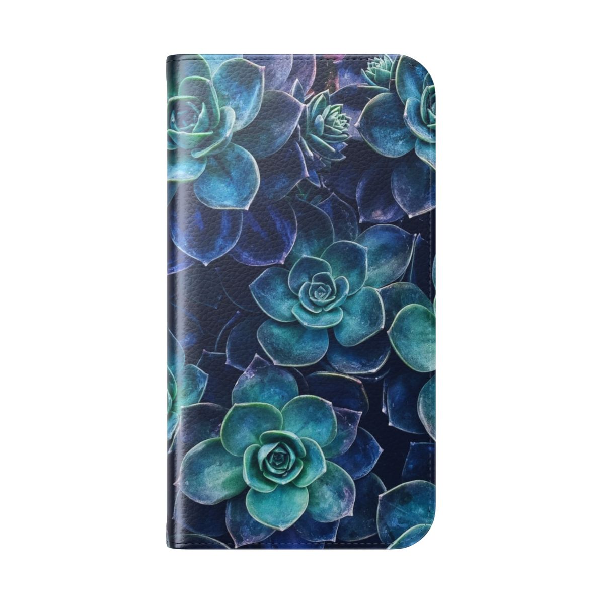 Succulent-patterned phone case in blue, green, and pink shades - Folded Back