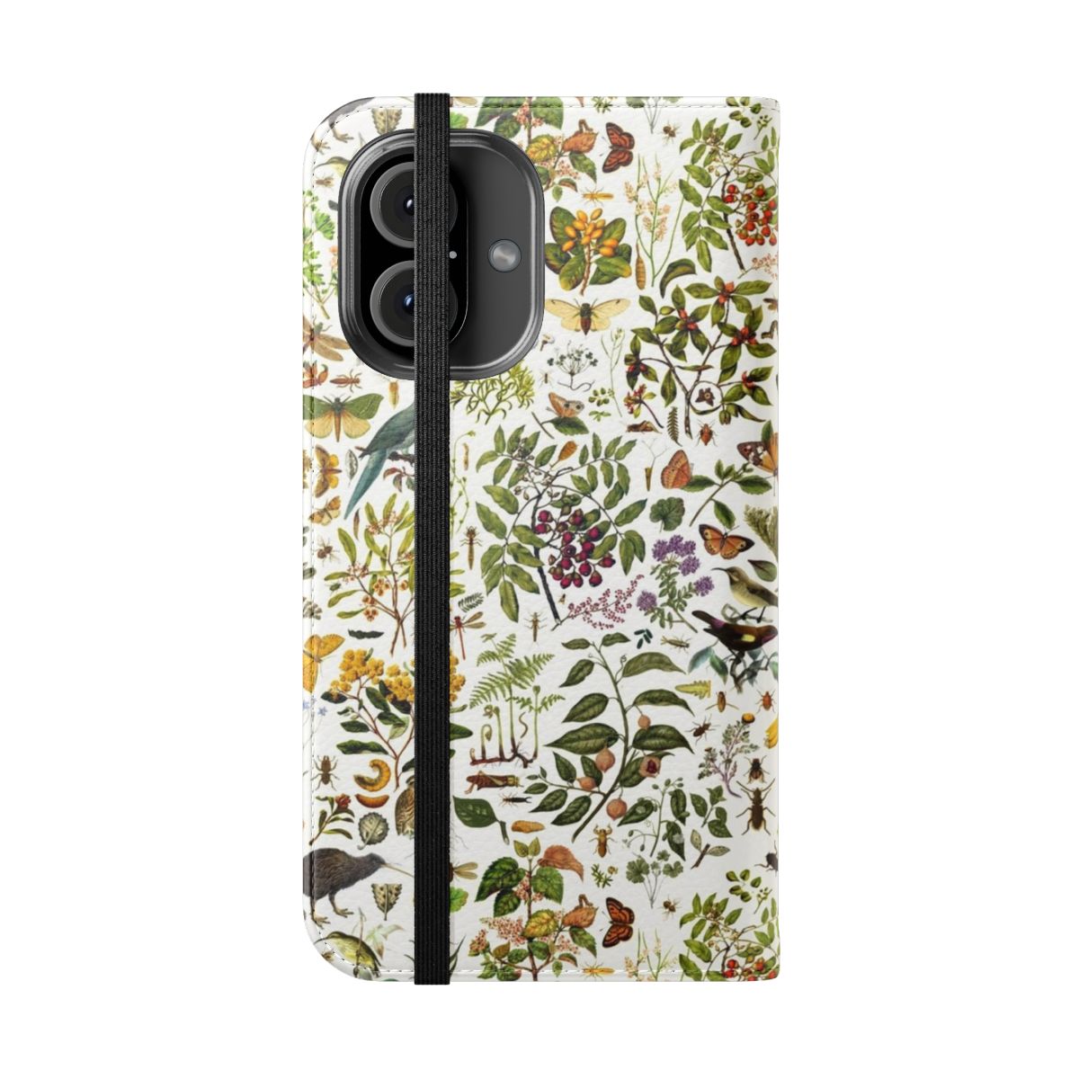 Detailed phone case with a collage of native New Zealand flora and fauna, including butterflies, birds, and intricate botanical elements. - Folded Front