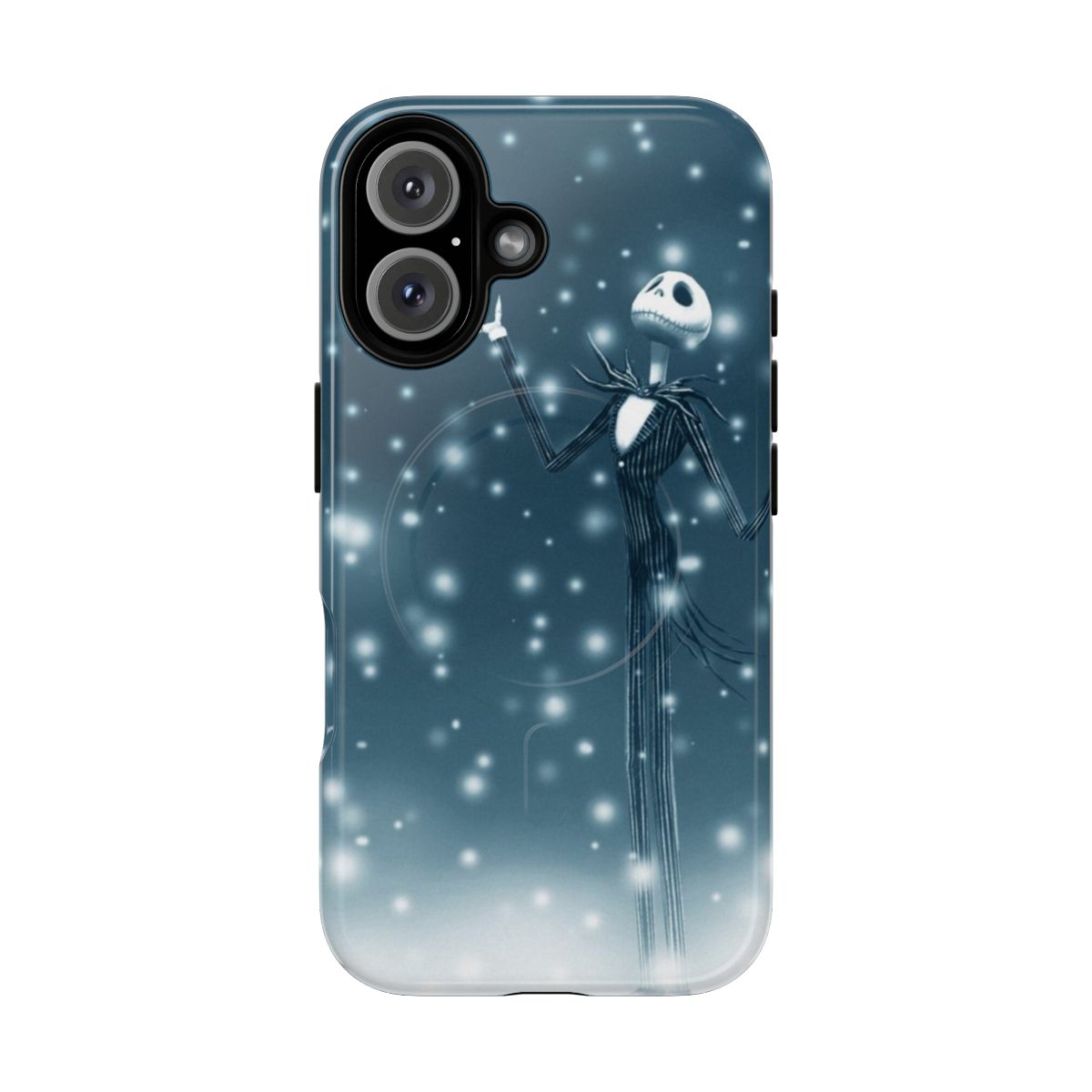 Magnetic tough phone case with a wintery landscape design featuring snow, snowflakes, and a dark silhouetted figure.