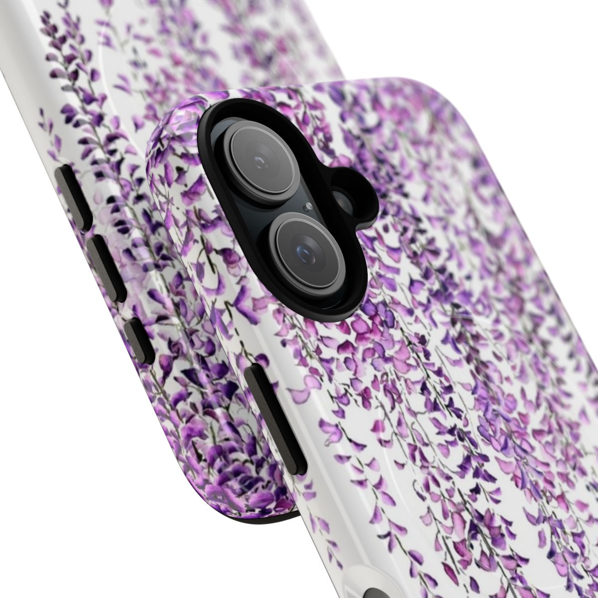 Vibrant watercolor painting of purple wisteria blooms on a phone case - Detail