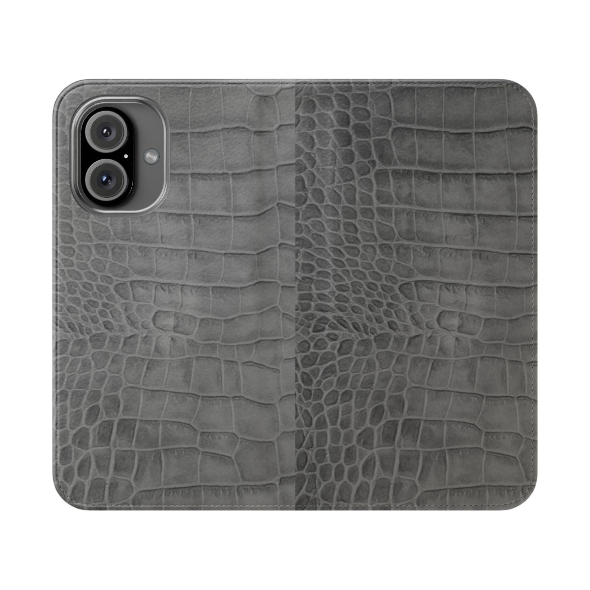 Grey croco leather effect flip phone case with textured animal print design