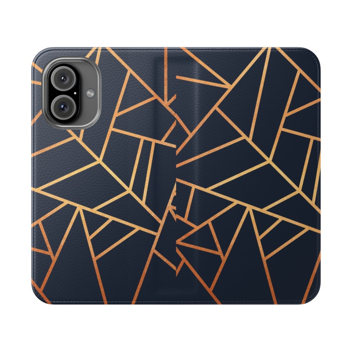 A stylish phone case featuring an abstract geometric pattern in copper and navy colors.