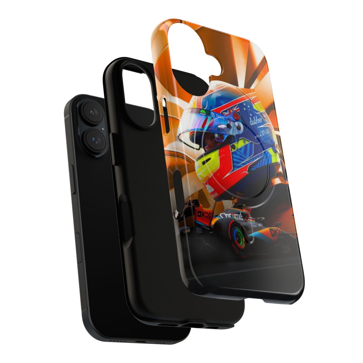 Magnetic phone case featuring a design inspired by Formula 1 driver Oscar Piastri and the Mclaren team. - Layers