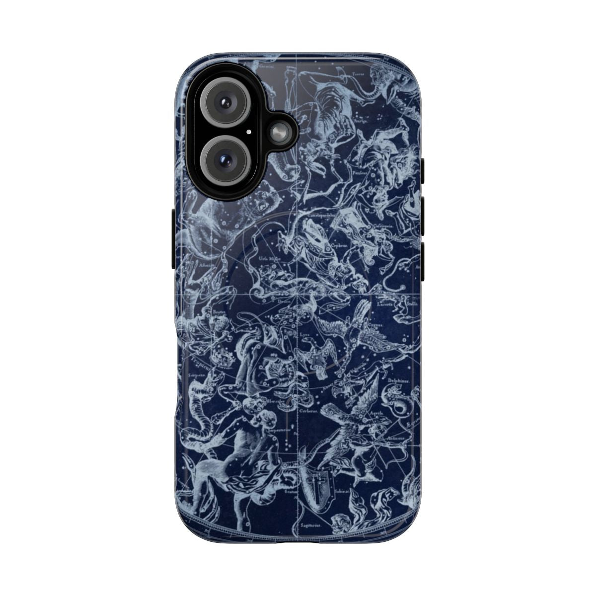 Vintage-style illustration of constellations and astrological signs on a phone case