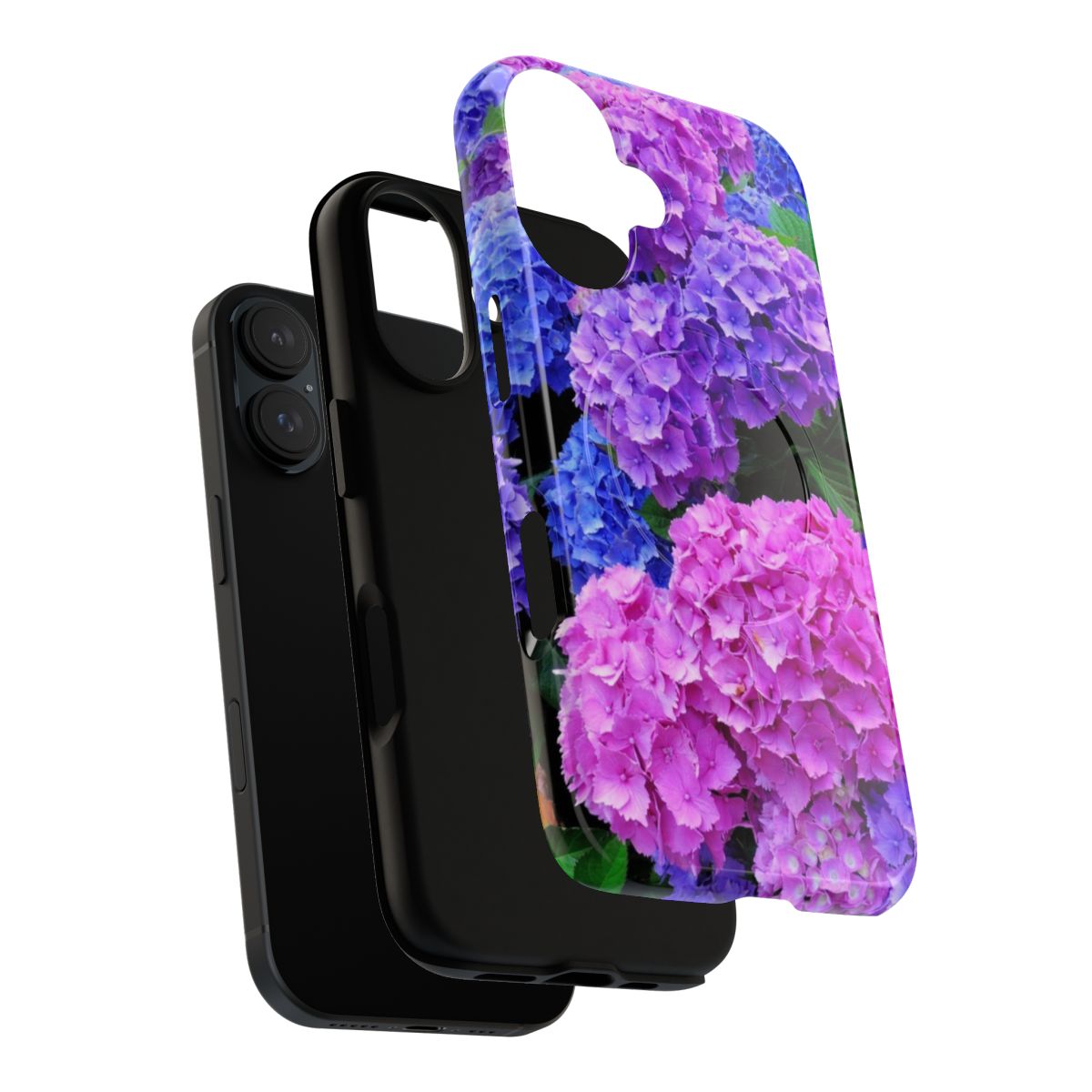 Closeup of beautiful purple and pink hydrangea flowers on a phone case - Layers