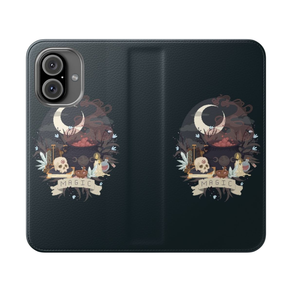 Pixelated phone case with a magical cauldron and occult symbols