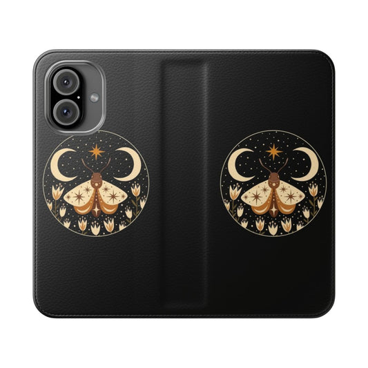 Flip phone case featuring a magical design of moths, butterflies, and moonlit foliage